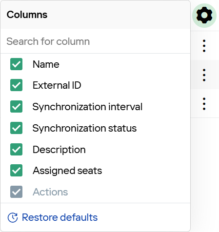 Table actions menu open